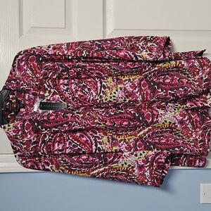 Investments 3/4 Sleeve Button Front V-neck Top: BurgundyW/Floral:Size- 2X